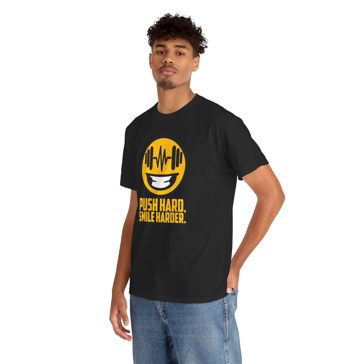 Push Hard, Smile Harder tee in Black – on model
