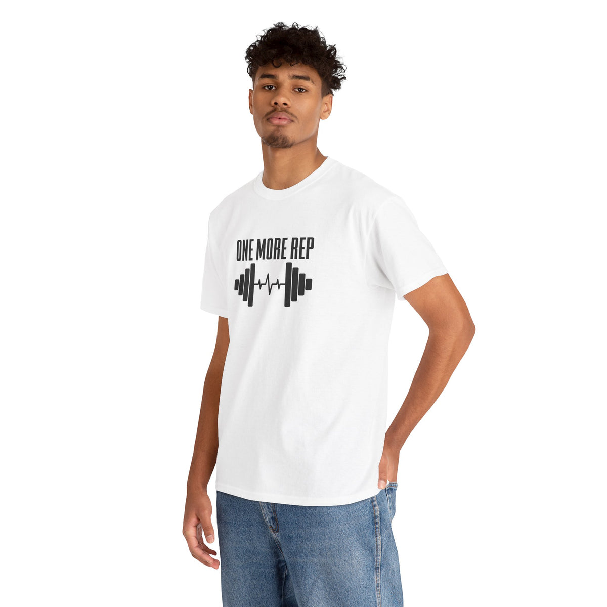 One More Rep barbell tee in White – on model