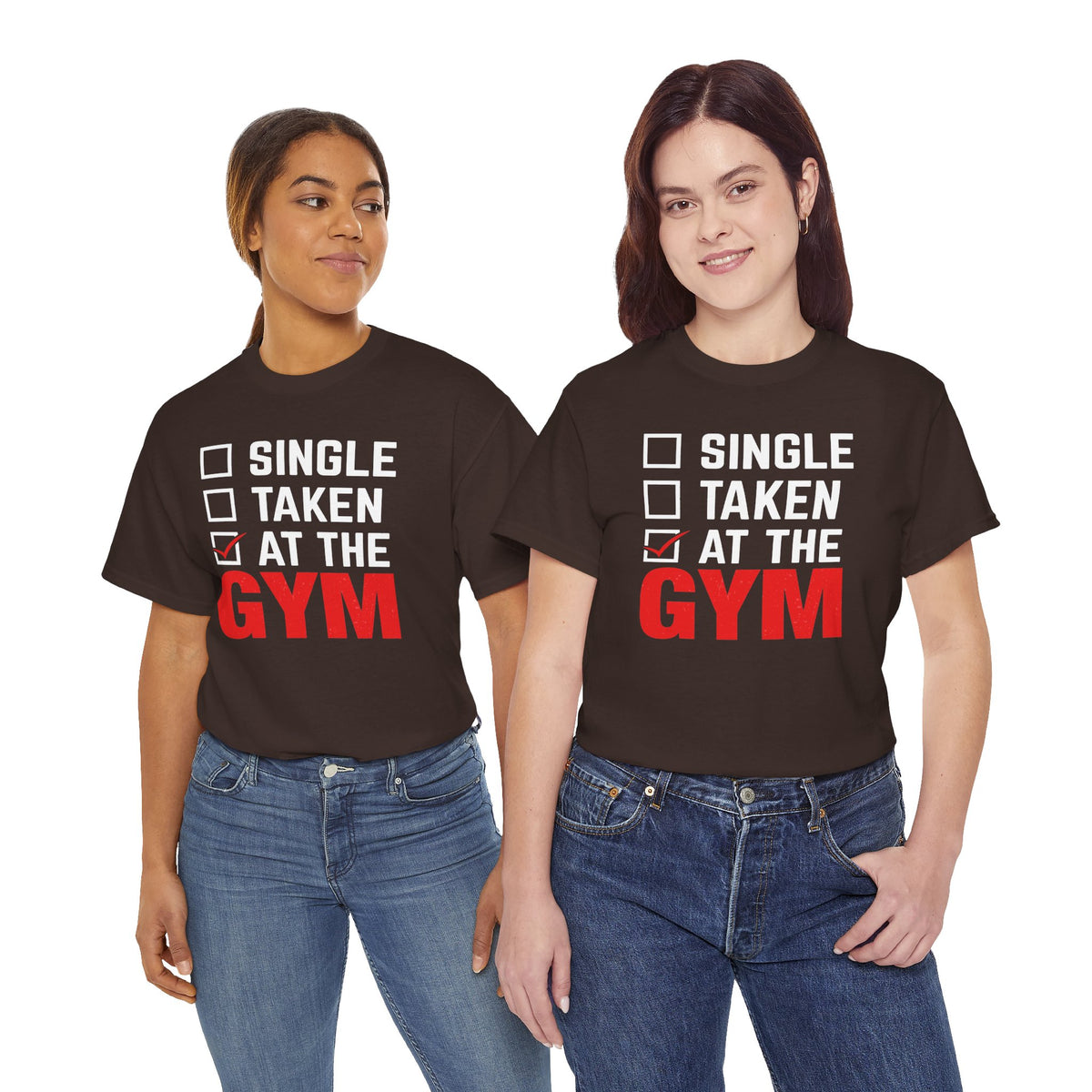 Single / Taken / At The Gym tee in Dark Chocolate – on two models
