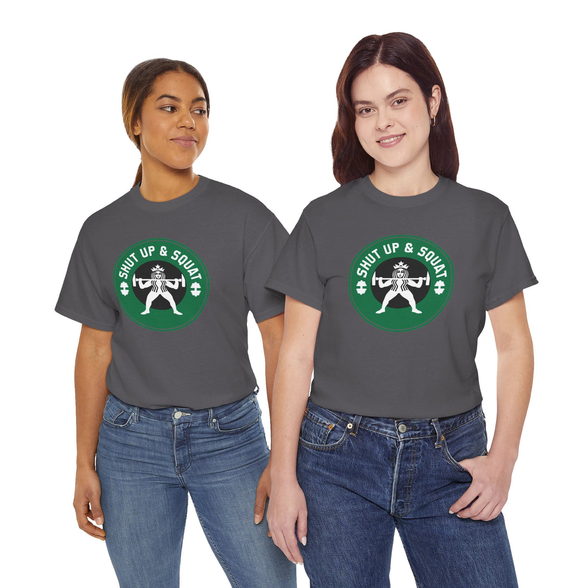 Shut Up & Squat gym tee in Charcoal – on two models