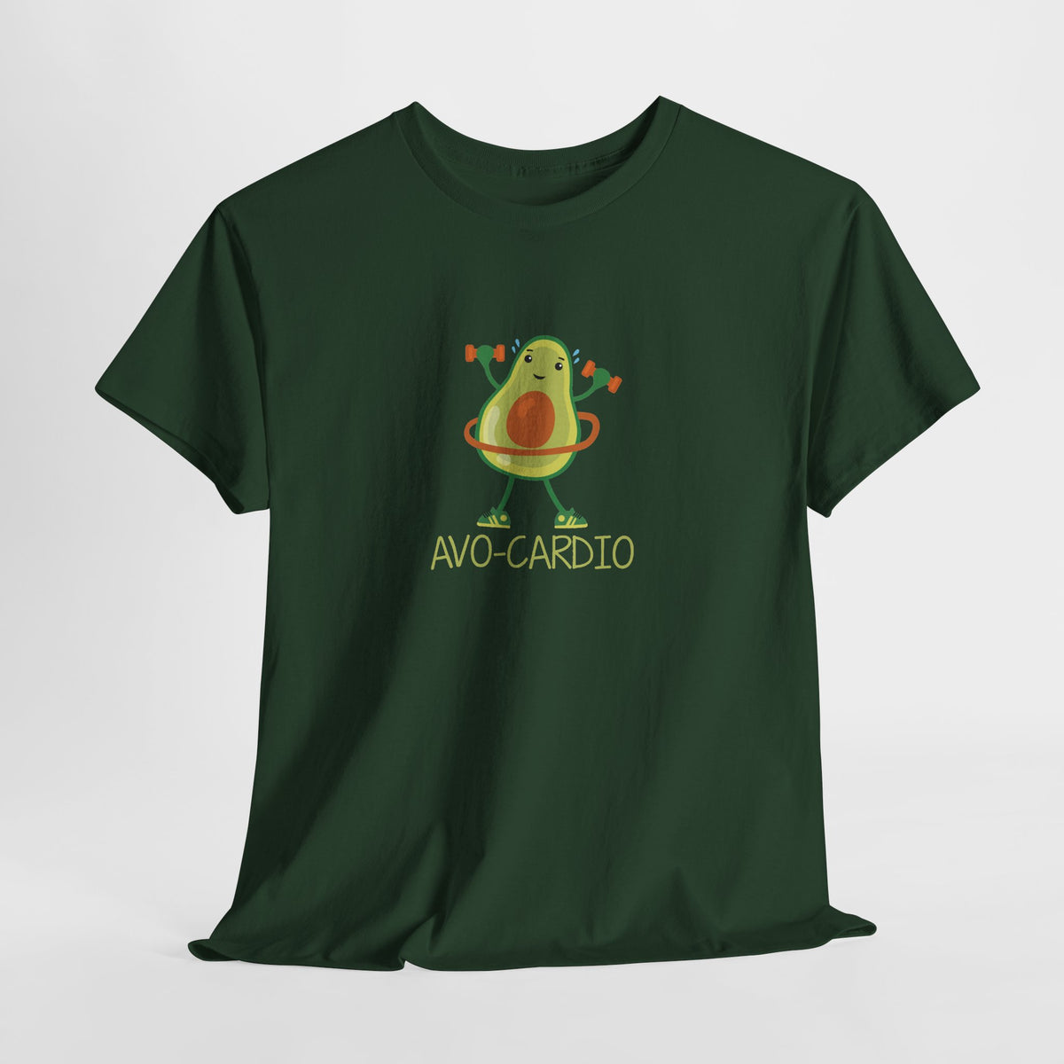 Avo-Cardio avocado tee in Forest Green – flat front