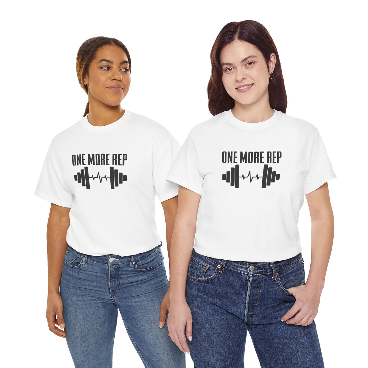 One More Rep barbell tee in White – on two models