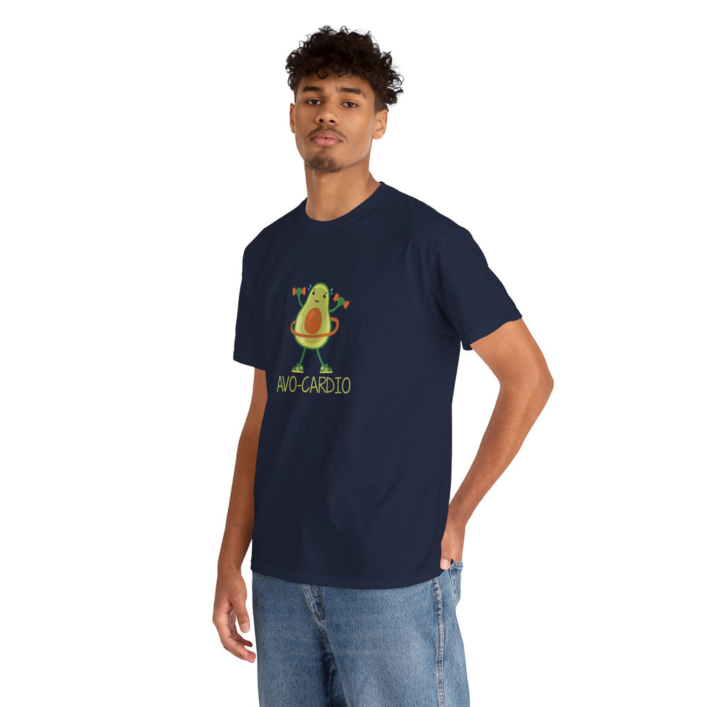 Avo-Cardio avocado tee in Navy – on model