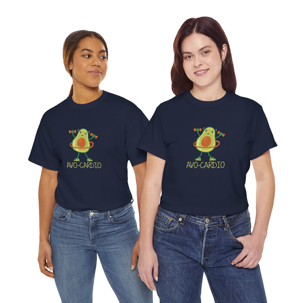 Avo-Cardio avocado tee in Navy – on two models