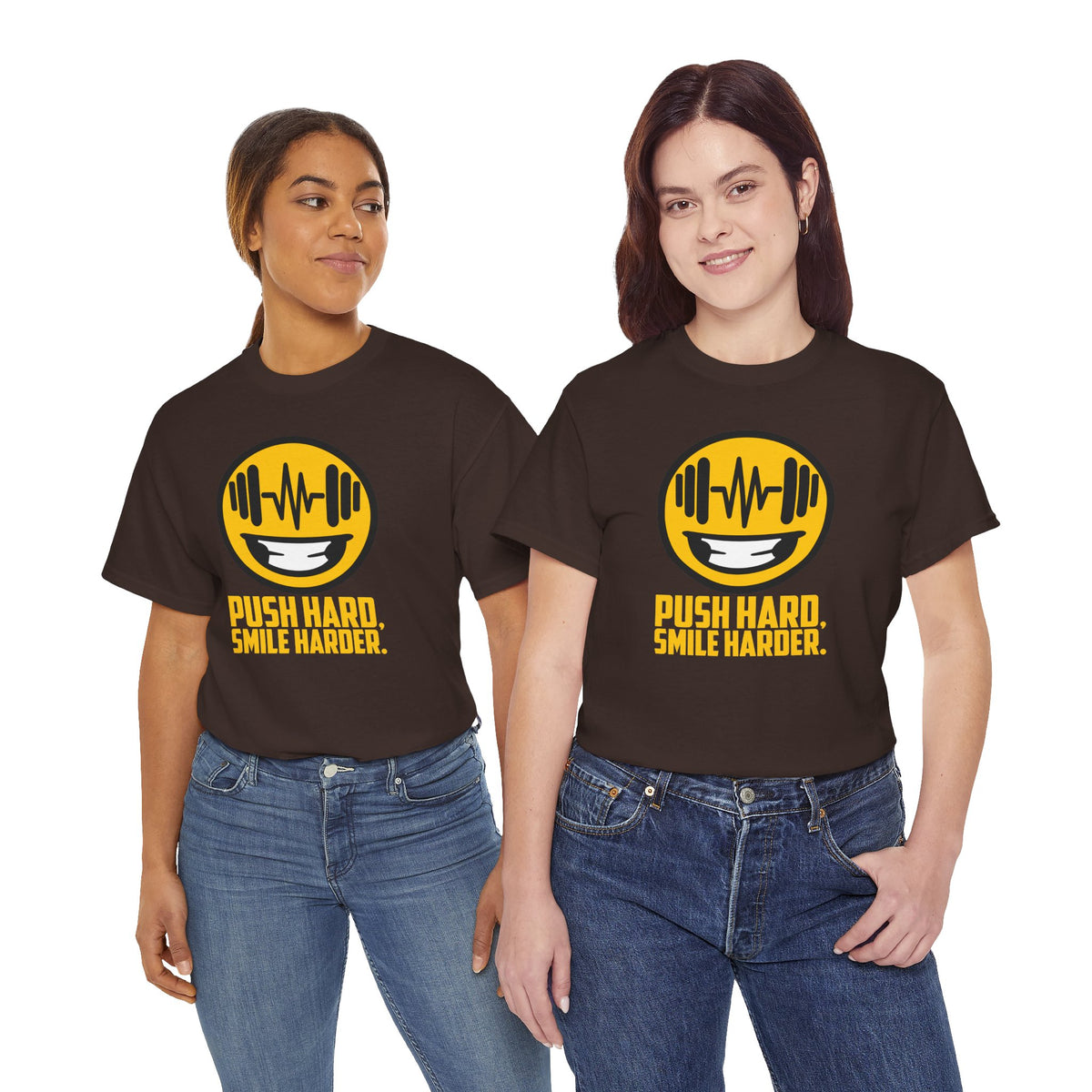 Push Hard, Smile Harder tee in Dark Chocolate – on two models