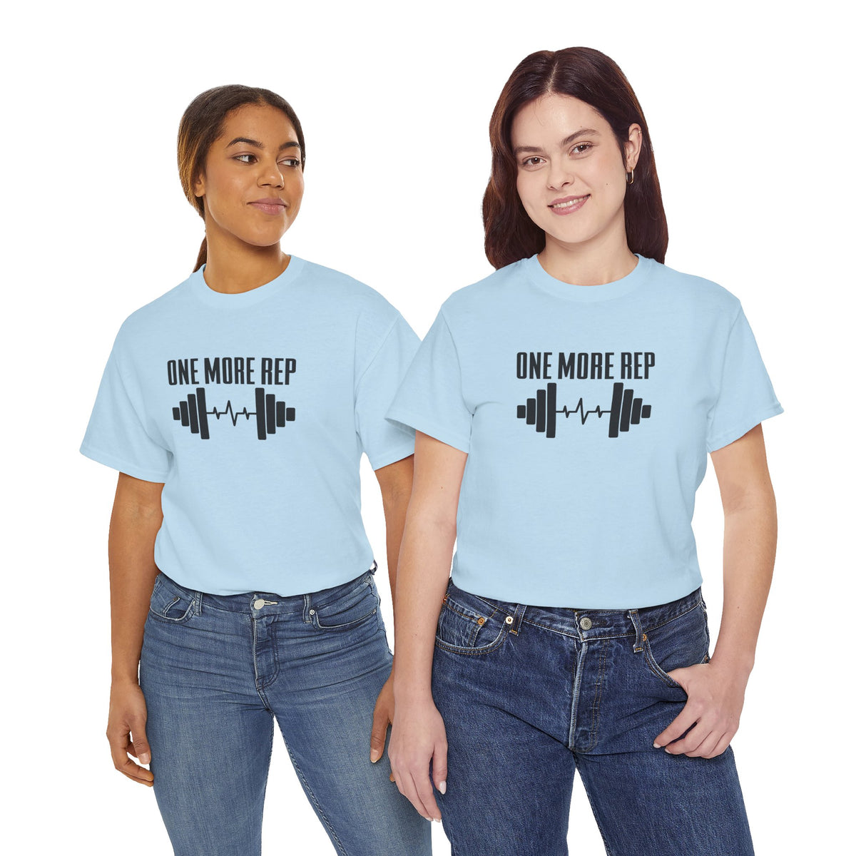 One More Rep barbell tee in Light Blue – on two models