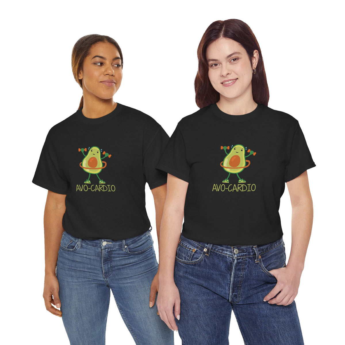 Avo-Cardio avocado tee in Black – on two models