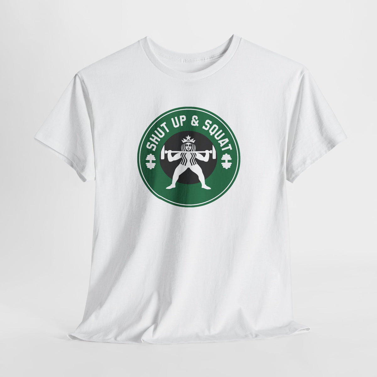 Shut Up & Squat gym tee in White – flat front