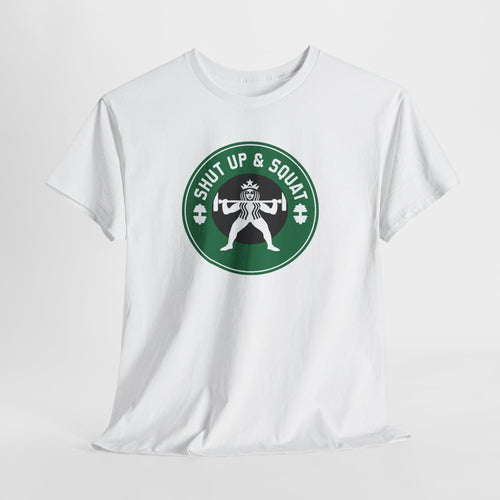 Shut Up & Squat gym tee in White – flat front