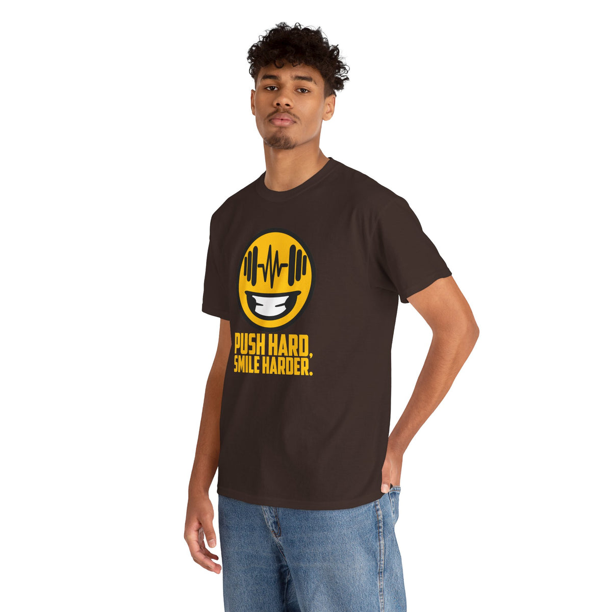 Push Hard, Smile Harder tee in Dark Chocolate – on model
