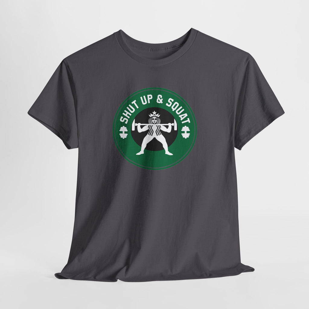 Shut Up & Squat gym tee in Charcoal – flat front