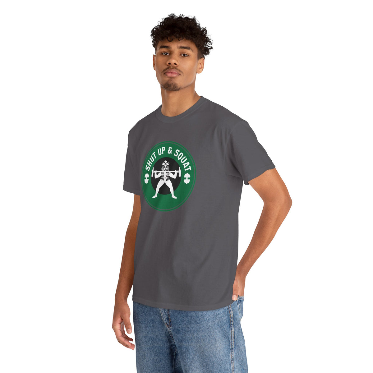 Shut Up & Squat gym tee in Charcoal – on model