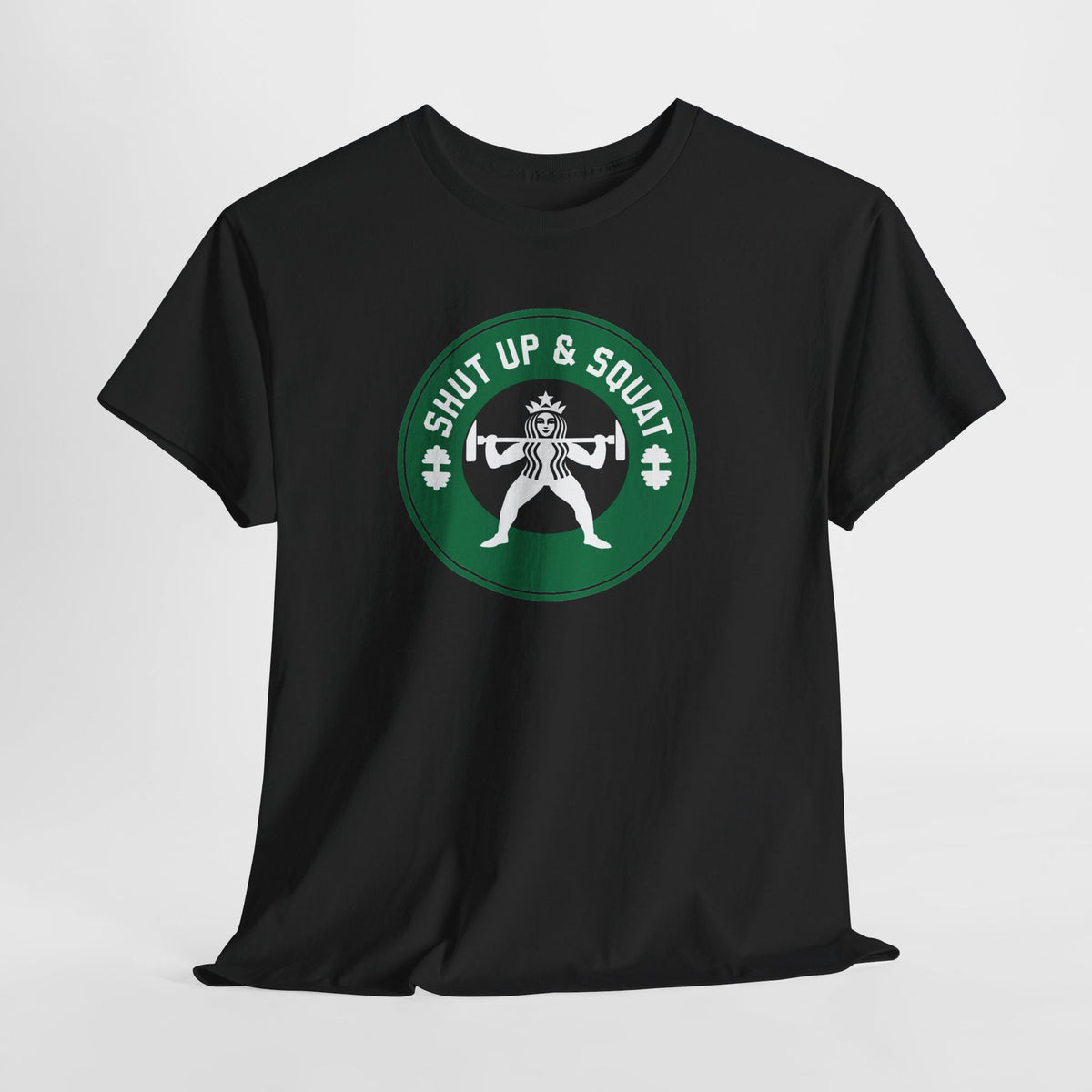 Shut Up & Squat gym tee in Black – flat front