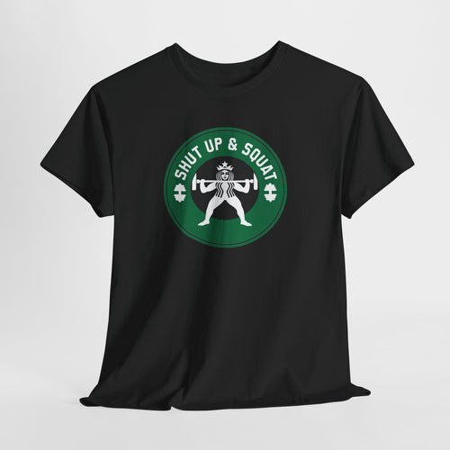 Shut Up & Squat gym tee in Black – flat front