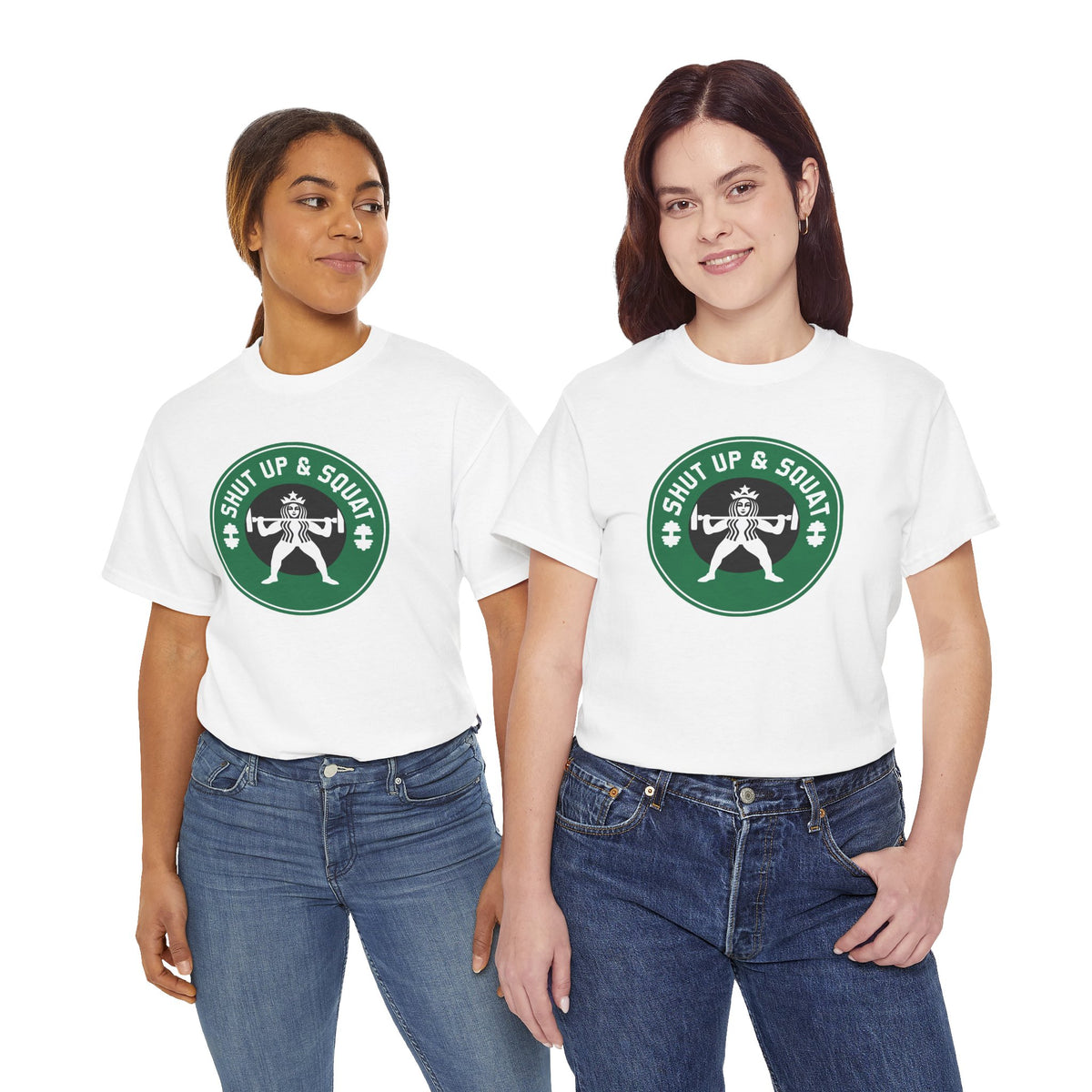 Shut Up & Squat gym tee in White – on two models