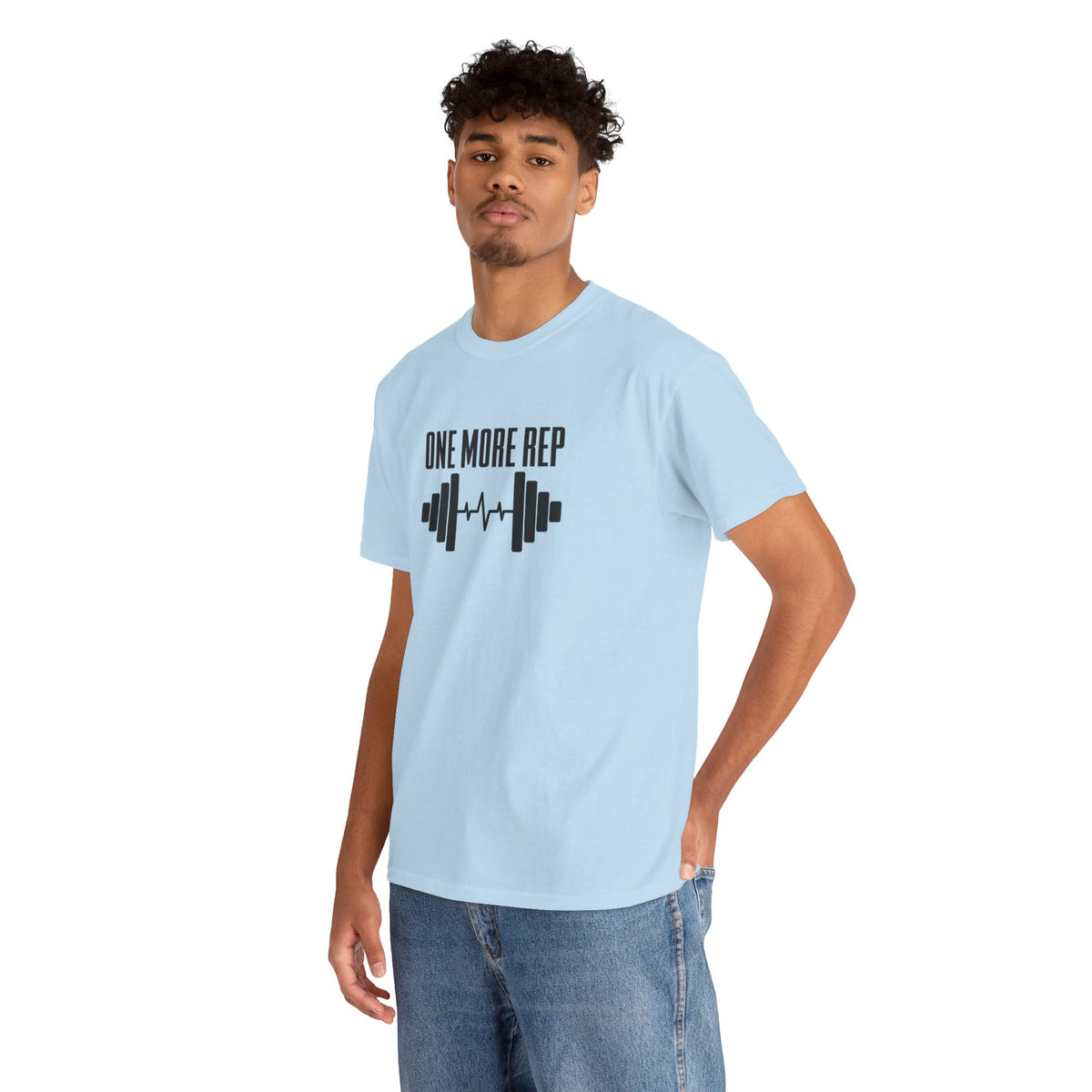 One More Rep barbell tee in Light Blue – on model