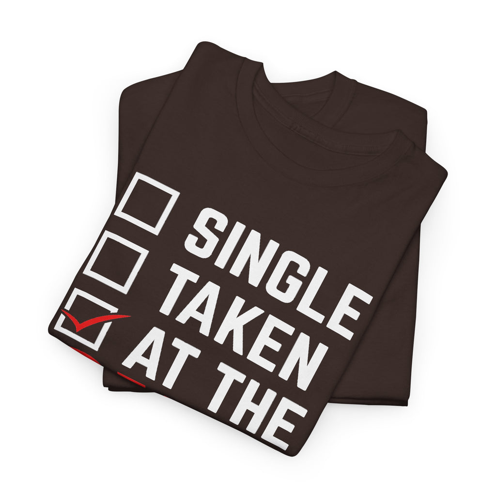 Single / Taken / At The Gym tee in Dark Chocolate – folded