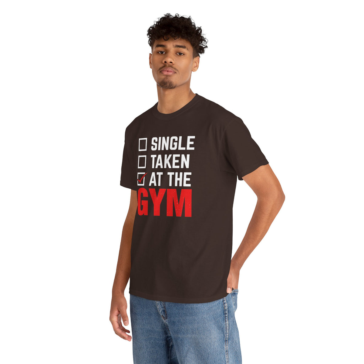 Single / Taken / At The Gym tee in Dark Chocolate – on model