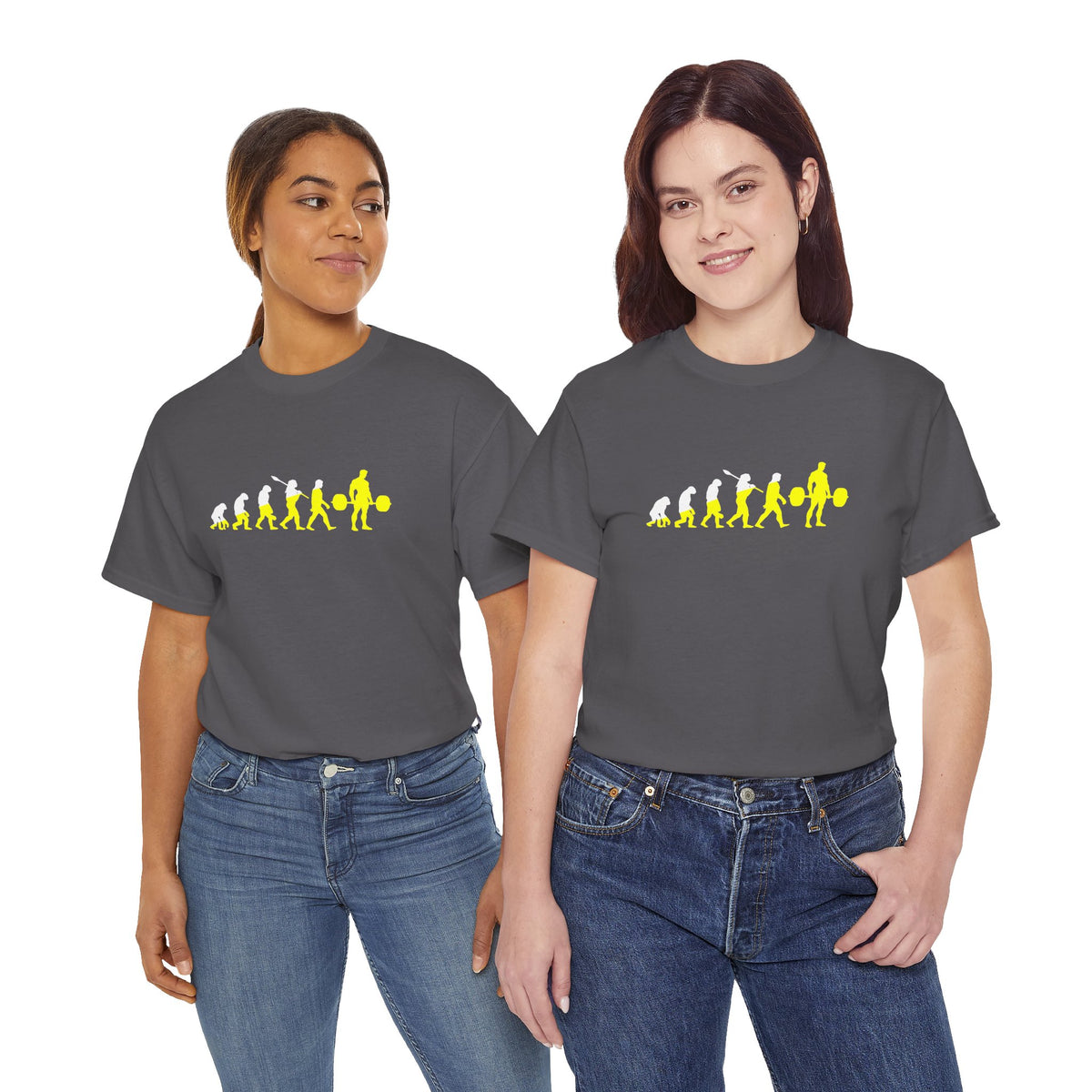 Weightlifting Evolution tee in Charcoal – on two models