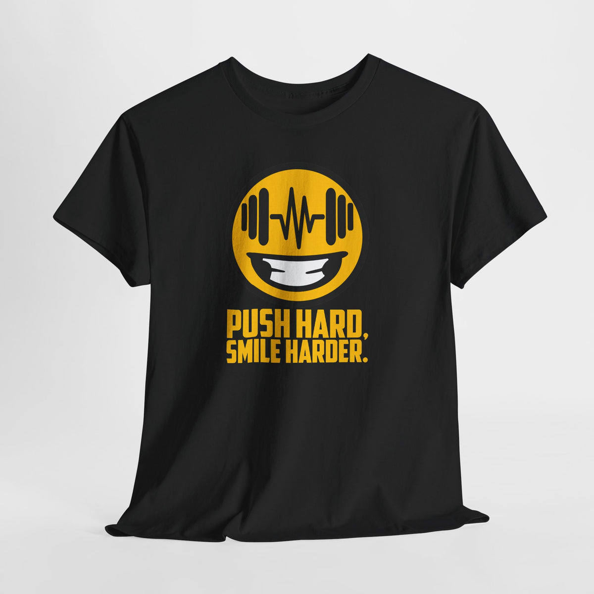 Push Hard, Smile Harder tee in Black – flat front