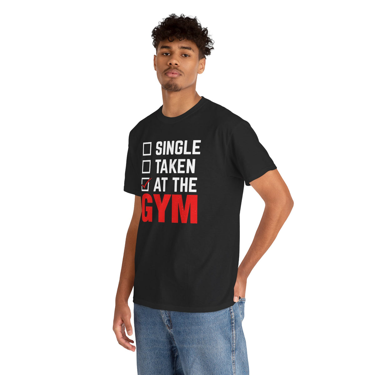 Single / Taken / At The Gym tee in Black – on model