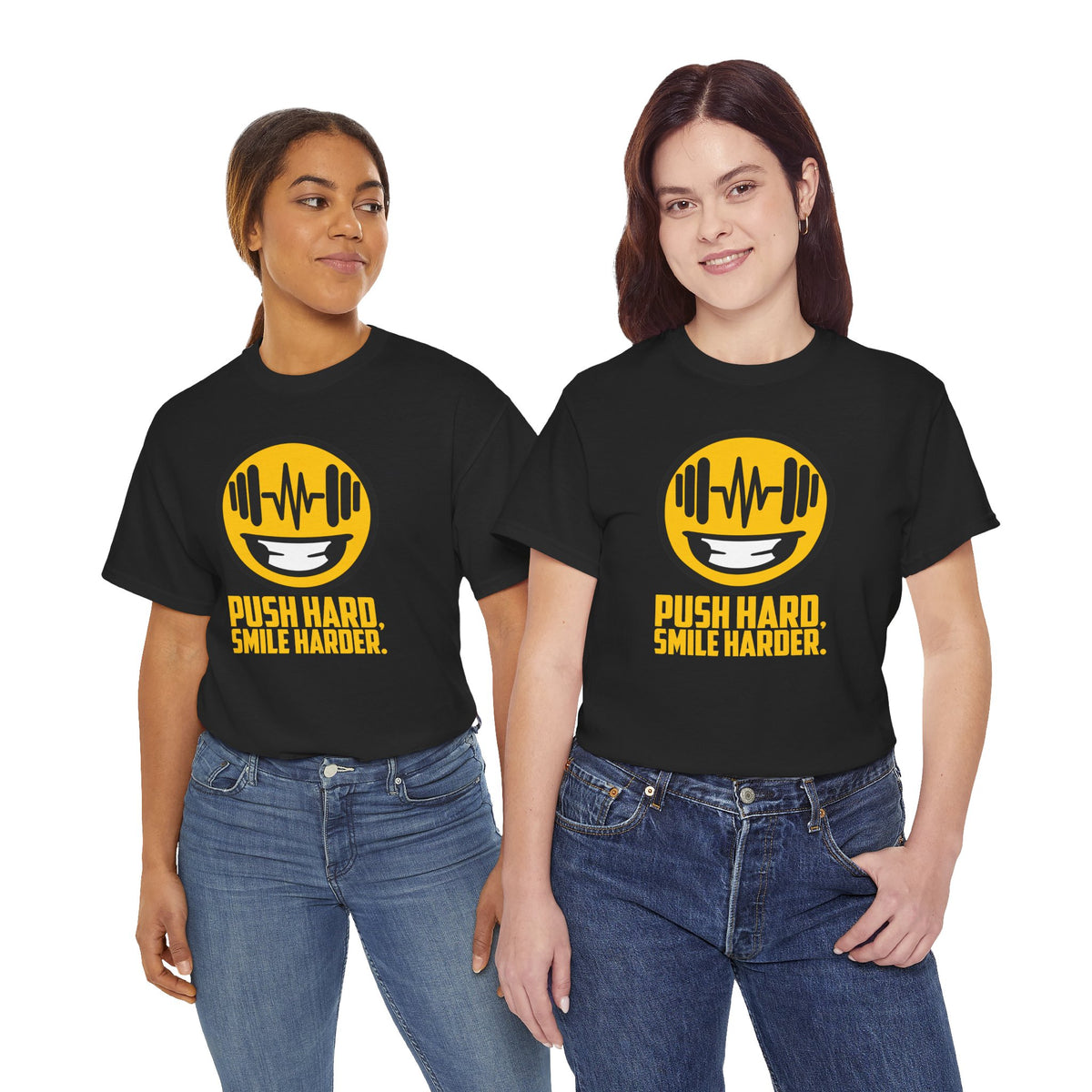 Push Hard, Smile Harder tee in Black – on two models