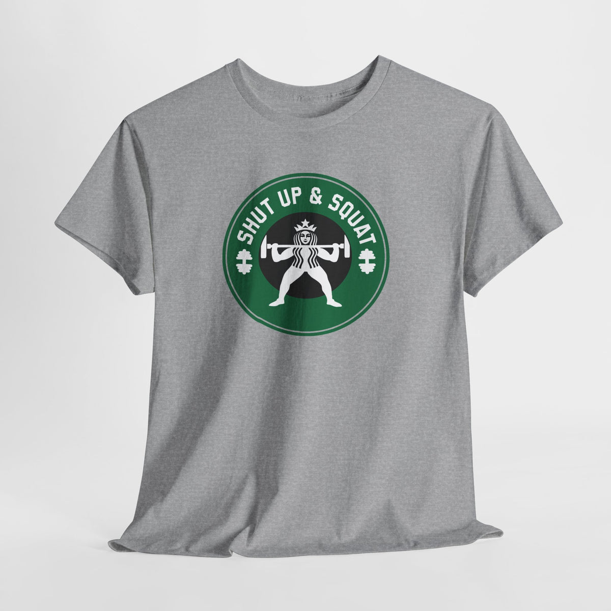 Shut Up & Squat gym tee in Sport Grey – flat front