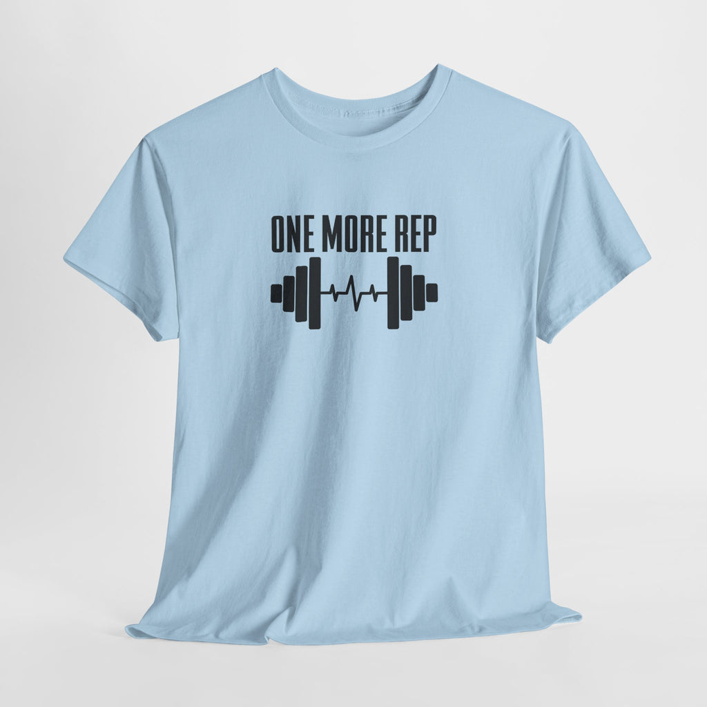 One More Rep barbell tee in Light Blue – flat front