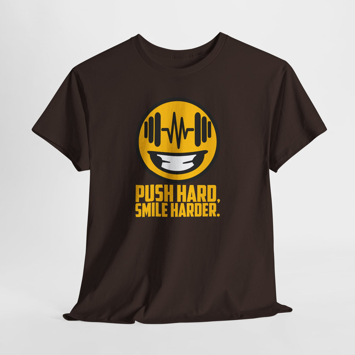 Push Hard, Smile Harder tee in Dark Chocolate – flat front