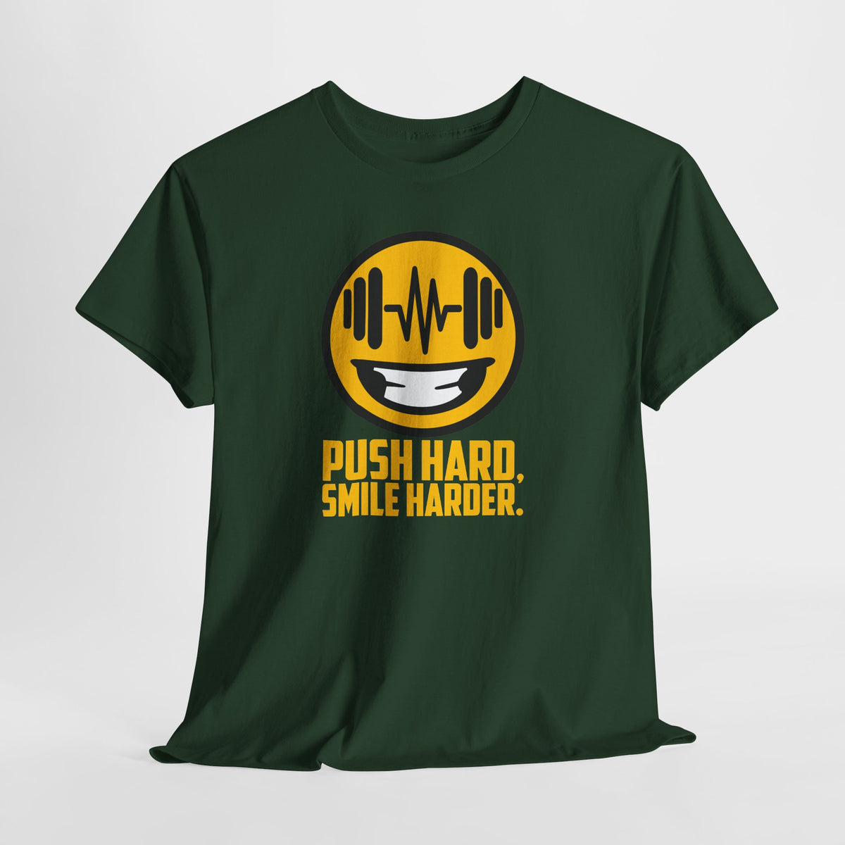 Push Hard, Smile Harder tee in Forest Green – flat front