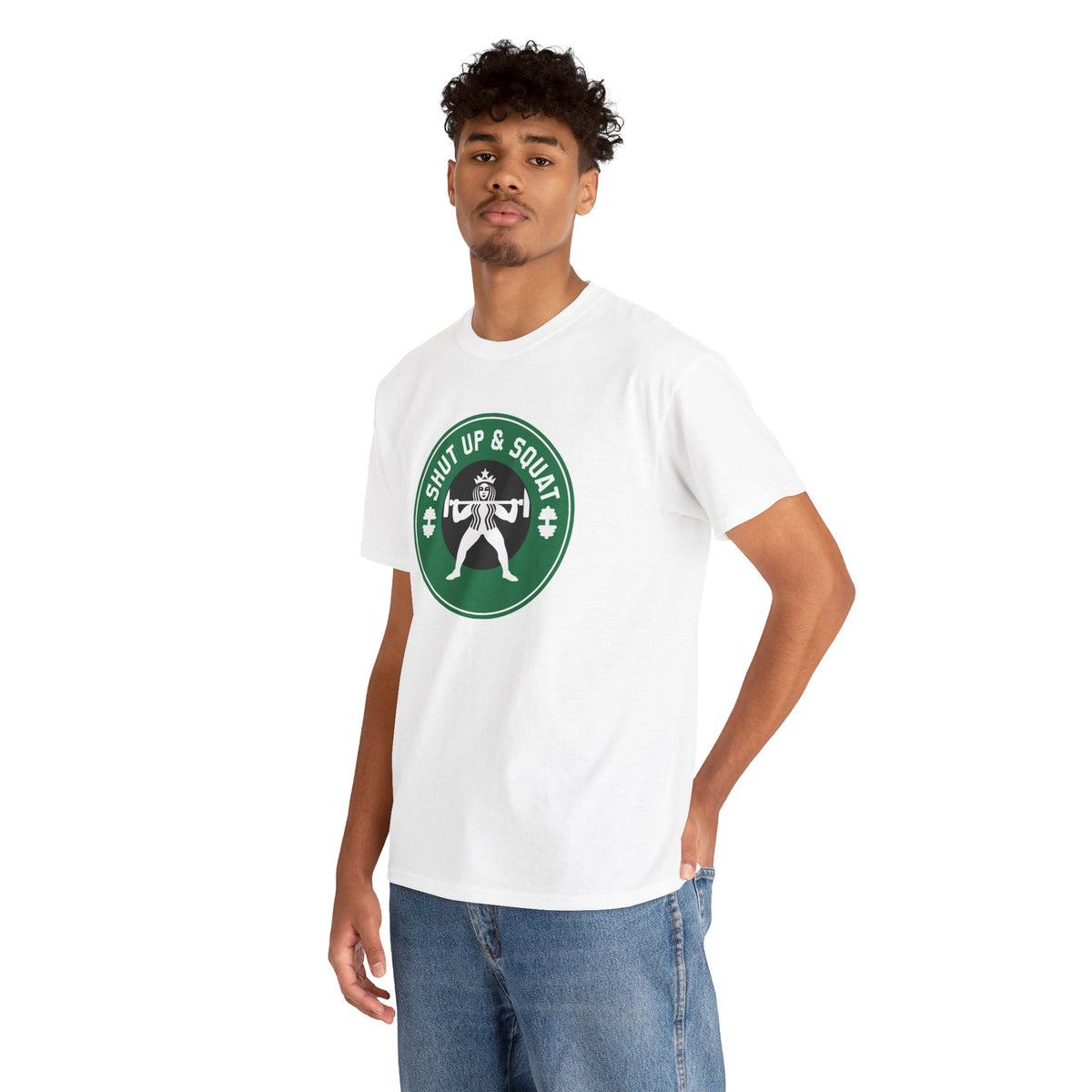 Shut Up & Squat gym tee in White – on model